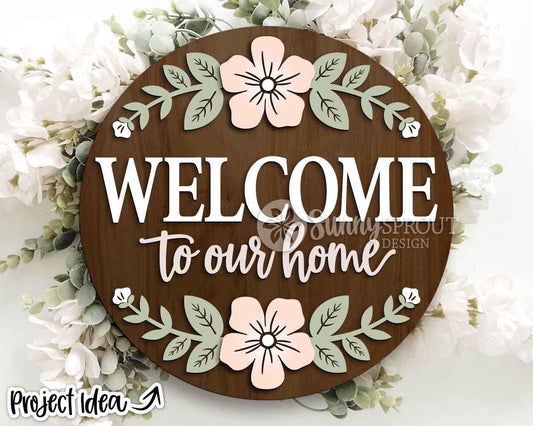 Welcome Flower Pattern Sign, Digital Download, SVG Laser Cut File, Cricut, Floral Farmhouse Round Door Hanger Design