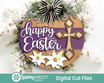 Happy Easter Cross & Lilies Sign, Digital download, SVG Laser cut file, Cricut, Round door hanger design, Christian Easter decor