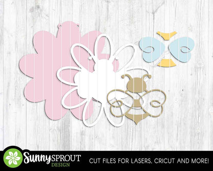 Bee and Flower Sign, Digital Download, SVG Laser Cut File, Cricut, Summer Door Hanger Wall Decor Design
