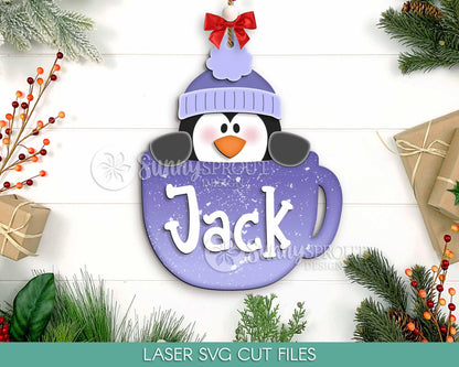 Peeking Penguin Mug Ornament, Digital download, SVG laser cut file, Cricut, Personalize name Christmas design