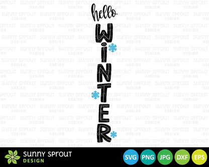 Hello Winter Snowflake Porch Sign Digital Download | Print File, Cricut, Silhouette Cut File | Vertical Door Sign Design | svg png dxf eps