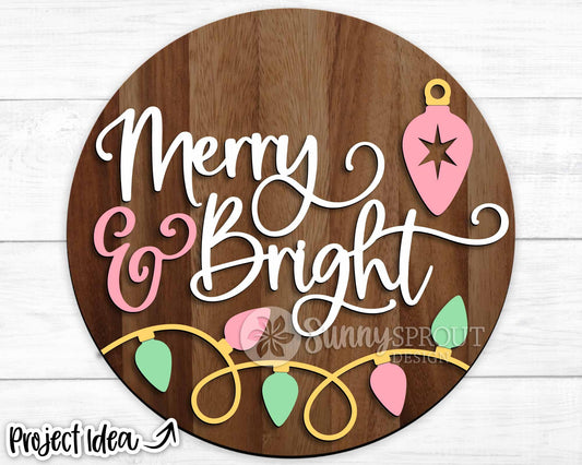 Merry & Bright String Lights Sign, Digital Download, SVG Laser Cut File, Cricut, Round Door Hanger Design, Christmas Decor