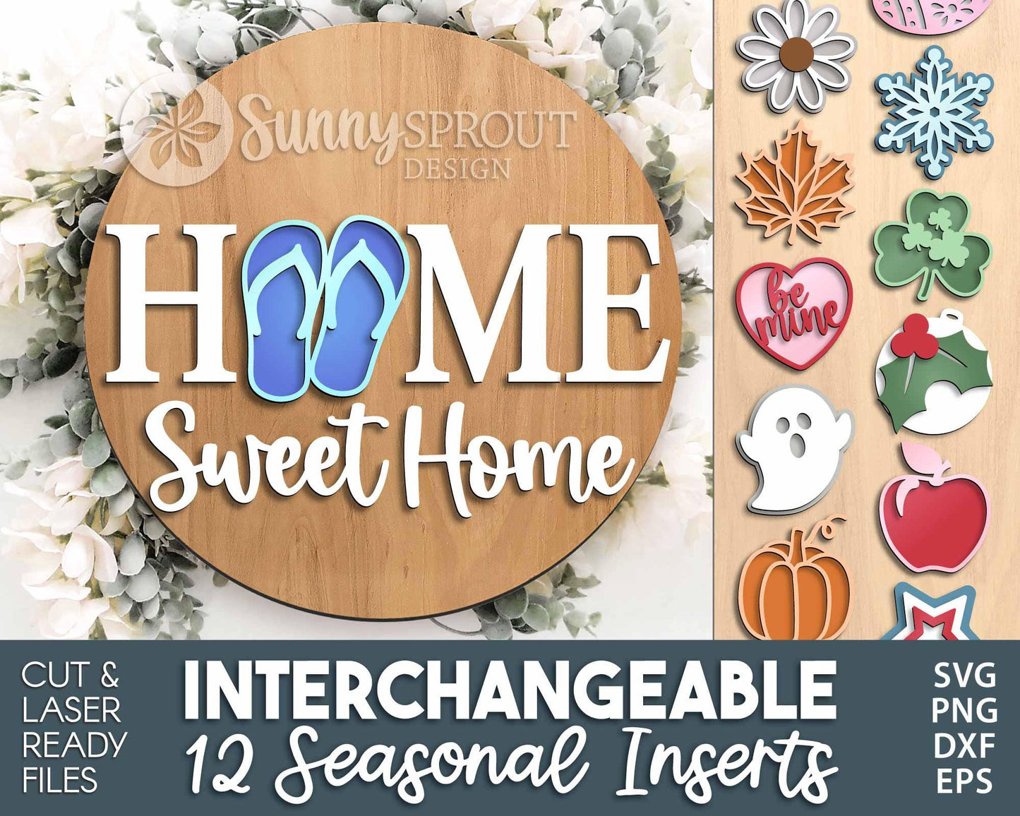 Home Sweet Home Interchangeable Graphics Sign, Digtial Download, SVG Laser Cut File, Cricut, Seasonal Round Door Hanger Design