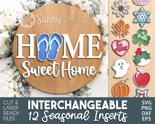 Home Sweet Home Interchangeable Graphics Sign, Digtial Download, SVG Laser Cut File, Cricut, Seasonal Round Door Hanger Design