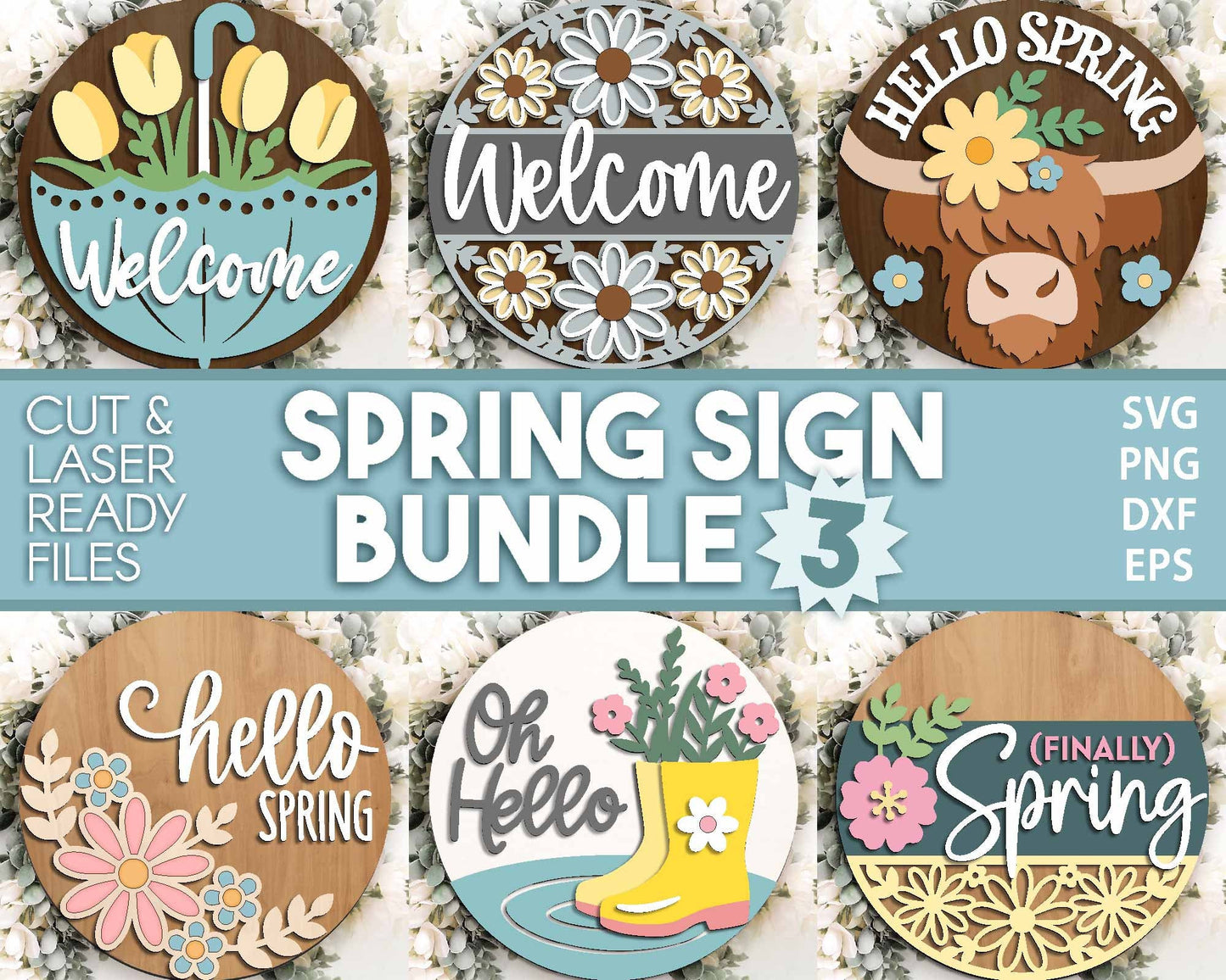 Spring Sign Bundle 3, Round door hanger svg, Glowforge laser file, Cricut, Spring flower welcome sign, Hello Spring