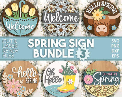 Spring Sign Bundle 3, Round door hanger svg, Glowforge laser file, Cricut, Spring flower welcome sign, Hello Spring