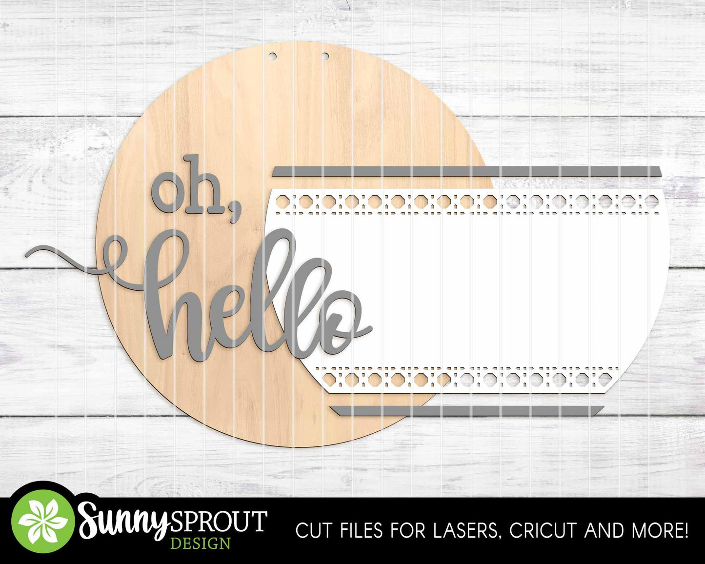Oh Hello Rattan Pattern Sign, Digital Download, SVG Laser Cut File, Cricut, Modern Farmhouse Round Door Hanger Design