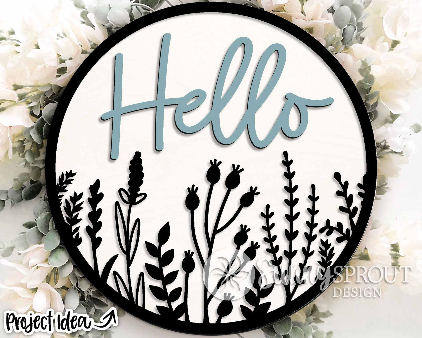 Hello Wildflower Round, Digital Download, SVG Laser Cut File, Cricut, Floral Round Door Hanger Design