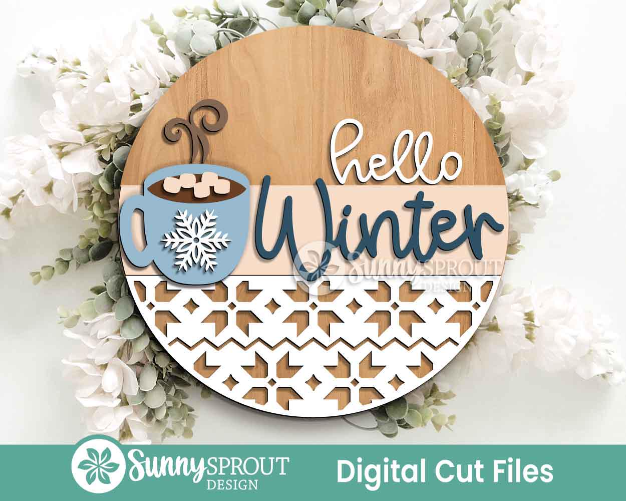 Hello Winter Hot Cocoa Mug Sign, Round door hanger svg, Glowforge laser cut file, Cricut, Christmas decor, Welcome svg