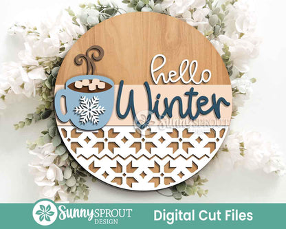 Hello Winter Hot Cocoa Mug Sign, Round door hanger svg, Glowforge laser cut file, Cricut, Christmas decor, Welcome svg