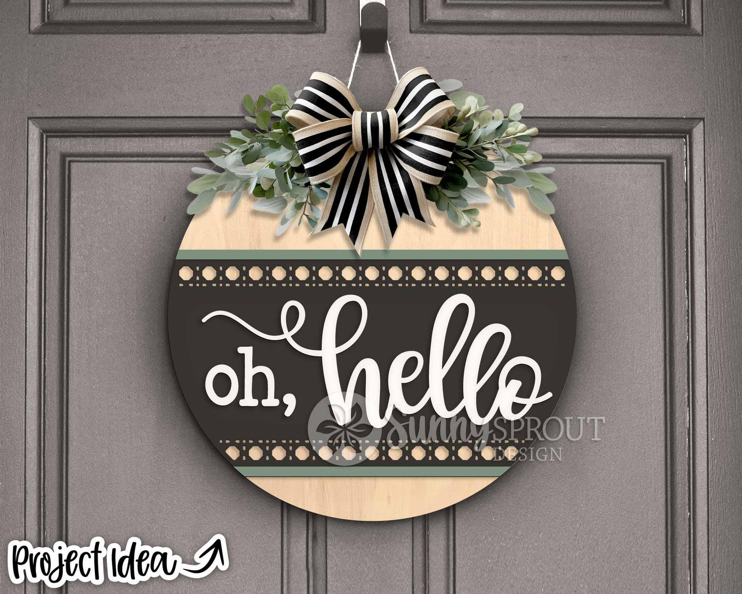 Oh Hello Rattan Pattern Sign, Digital Download, SVG Laser Cut File, Cricut, Modern Farmhouse Round Door Hanger Design