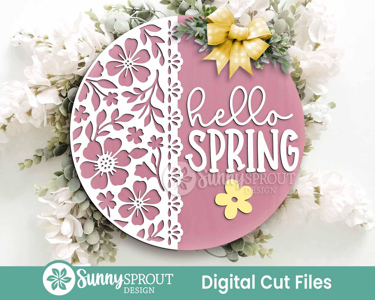 Spring Sign Bundle 5, Round door hanger svg, Glowforge laser file, Cricut, Spring flower welcome sign, Hello Spring