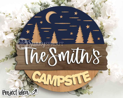 Personalizable Campsite Sign, Digital download, SVG Laser cut file, Cricut, Round door hanger design, Family name camping decor