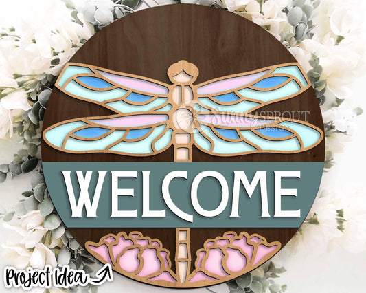 Dragonfly Flower Welcome Sign, Digital download, SVG Laser cut file, Cricut, Round door hanger design, Summer lake house decor