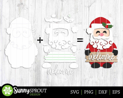 Santa Holding Welcome Sign, Digital Download, SVG Laser Cut File, Cricut, Door Hanger Design, Christmas Decor
