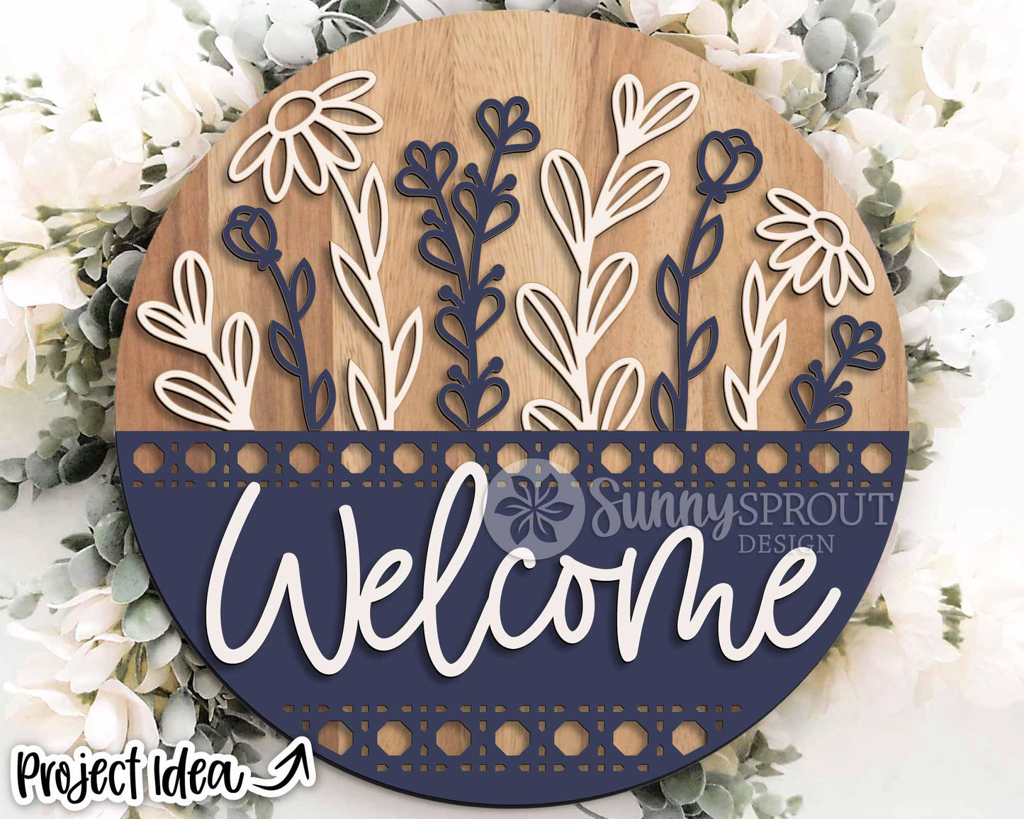 Welcome Wildflowers Rattan Pattern Sign, Digital Download, SVG Laser Cut File, Cricut, Floral Round Door Hanger Design