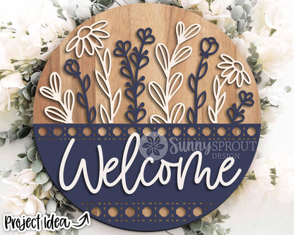 Welcome Wildflowers Rattan Pattern Sign, Digital Download, SVG Laser Cut File, Cricut, Floral Round Door Hanger Design