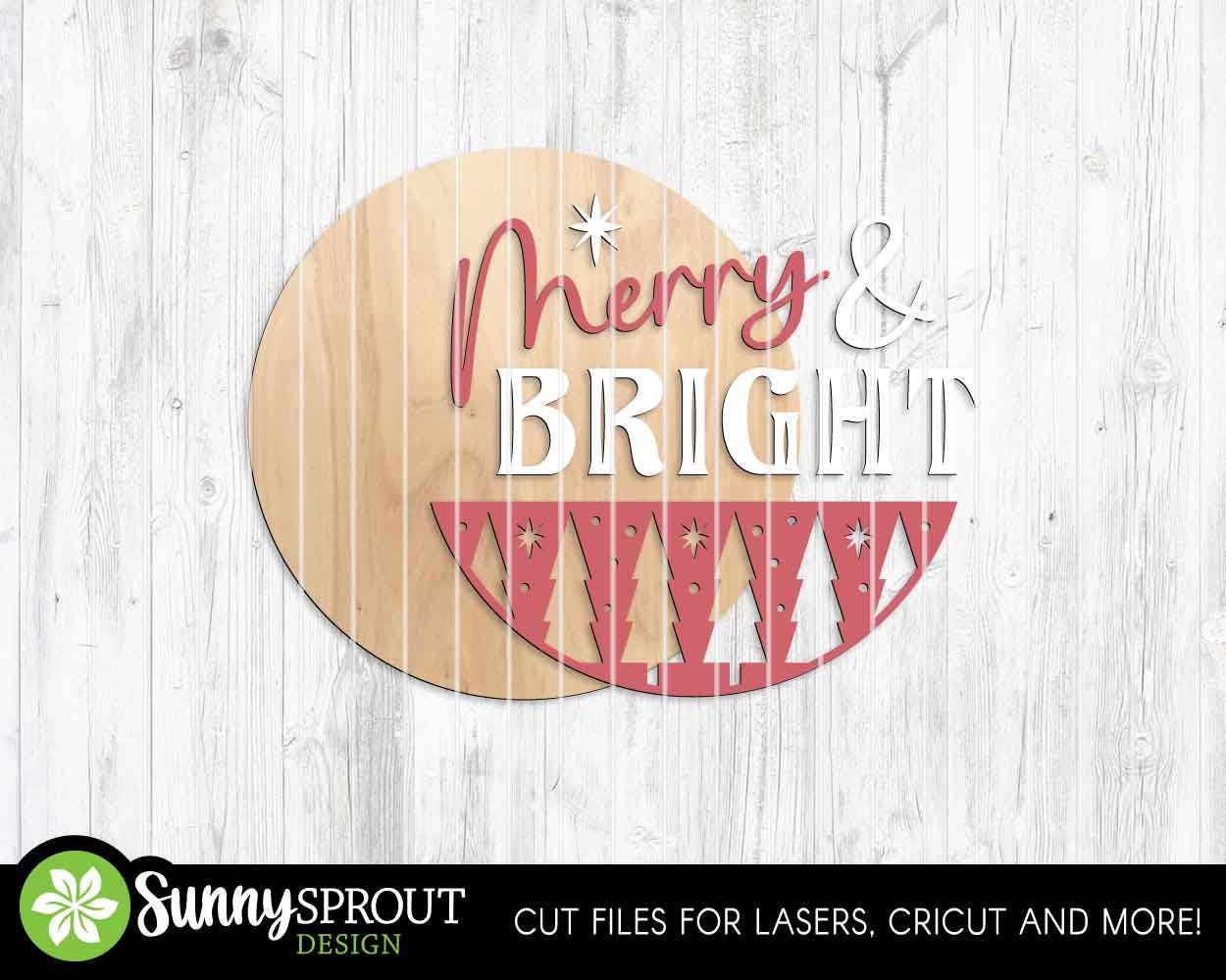 Merry & Bright Tree Star Pattern Sign, Digital Download, SVG Laser Cut File, Cricut, Round Door Hanger Design, Modern Christmas Decor