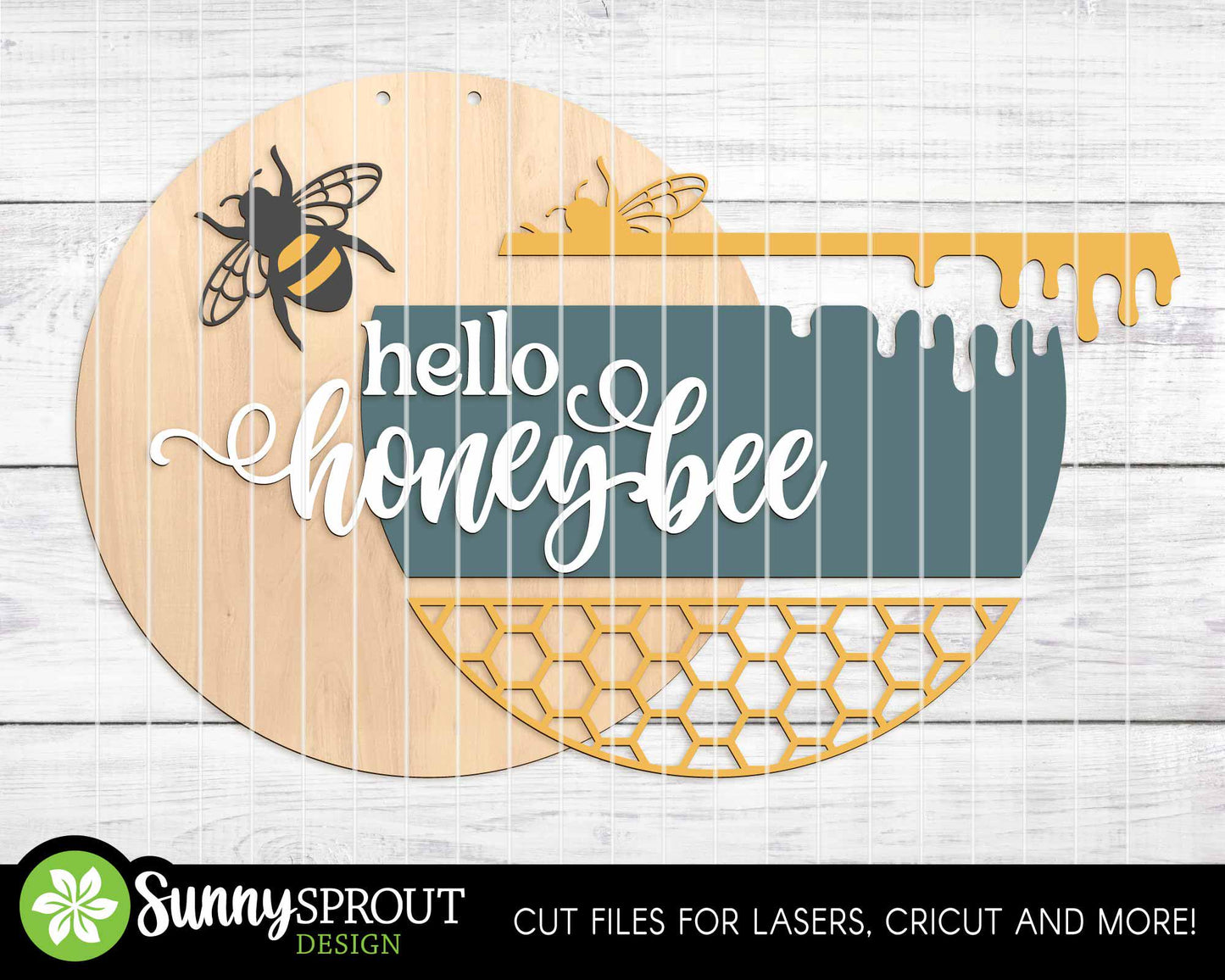 Hello Honey Bee Honeycomb Sign, Digital Download, SVG Laser Cut File, Cricut, Summer Round Door Hanger Design