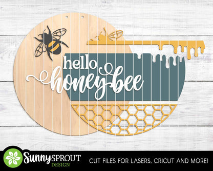 Hello Honey Bee Honeycomb Sign, Digital Download, SVG Laser Cut File, Cricut, Summer Round Door Hanger Design