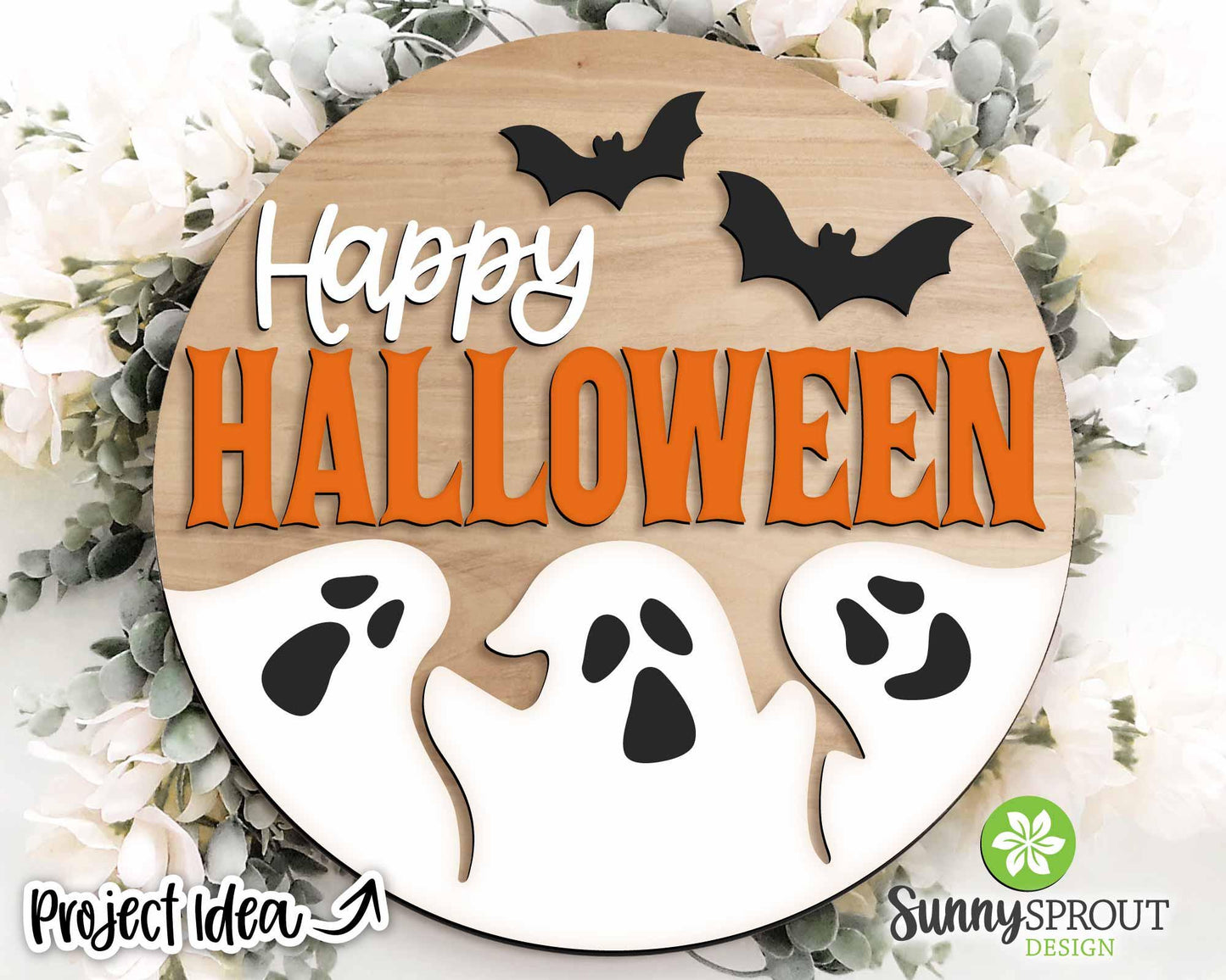Happy Halloween Ghosts Bats Sign, Digital Download, SVG Laser Cut File, Cricut, Round Welcome Door Hanger Design