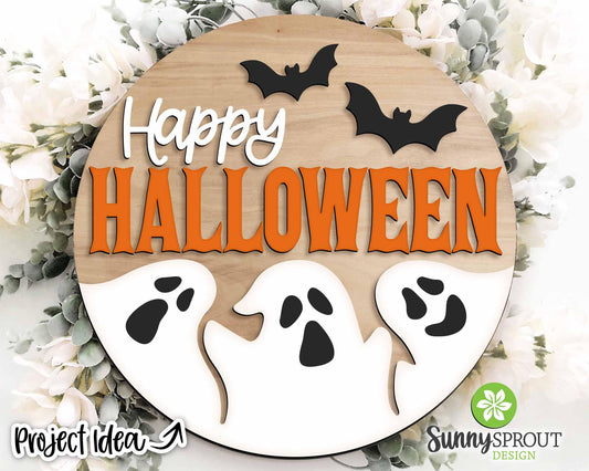 Happy Halloween Ghosts Bats Sign, Digital Download, SVG Laser Cut File, Cricut, Round Welcome Door Hanger Design