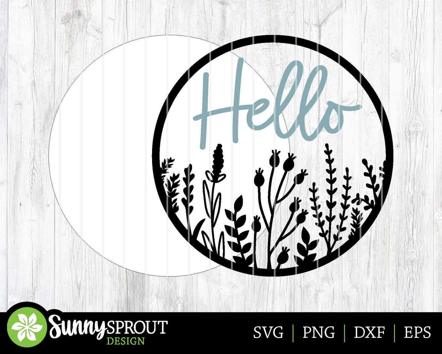 Hello Wildflower Round, Digital Download, SVG Laser Cut File, Cricut, Floral Round Door Hanger Design
