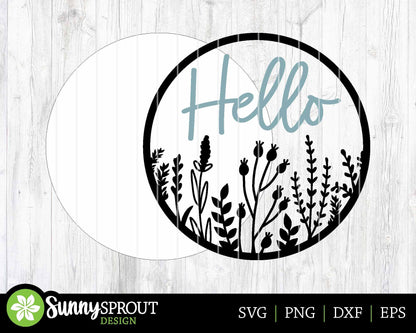 Hello Wildflower Round, Digital Download, SVG Laser Cut File, Cricut, Floral Round Door Hanger Design