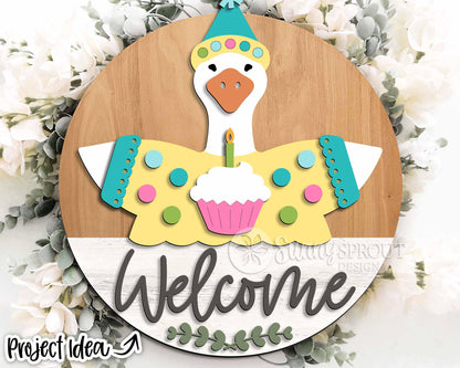 Goose Welcome Birthday Sign, Digital Download, SVG Laser Cut File, Cricut, Round Party Door Hanger Design, Interchangeable Outfit
