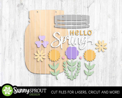 Hello Spring Flower Mason Jar Sign, Digital download, SVG Laser cut file, Cricut, Door hanger design