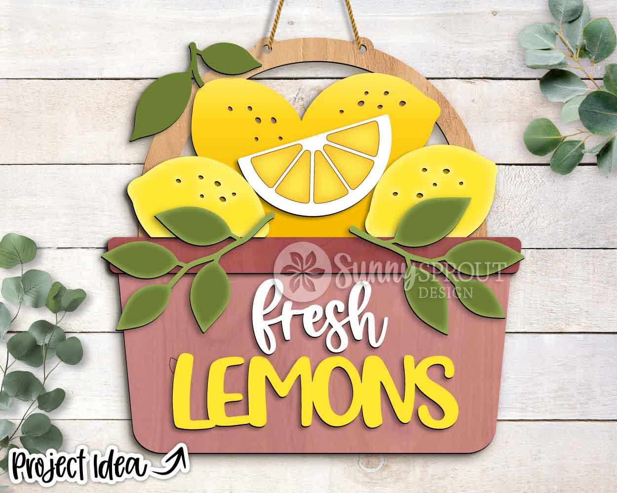 Fresh Lemons Basket Sign, Digital Download, SVG Laser Cut File, Cricut, Summer Door Hanger Wall Decor Design
