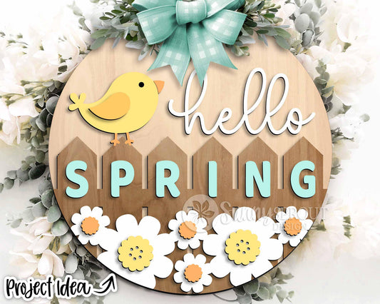 Hello Spring Bird Fence Flowers Sign, Digital download, SVG Laser cut file, Cricut, Round door hanger design