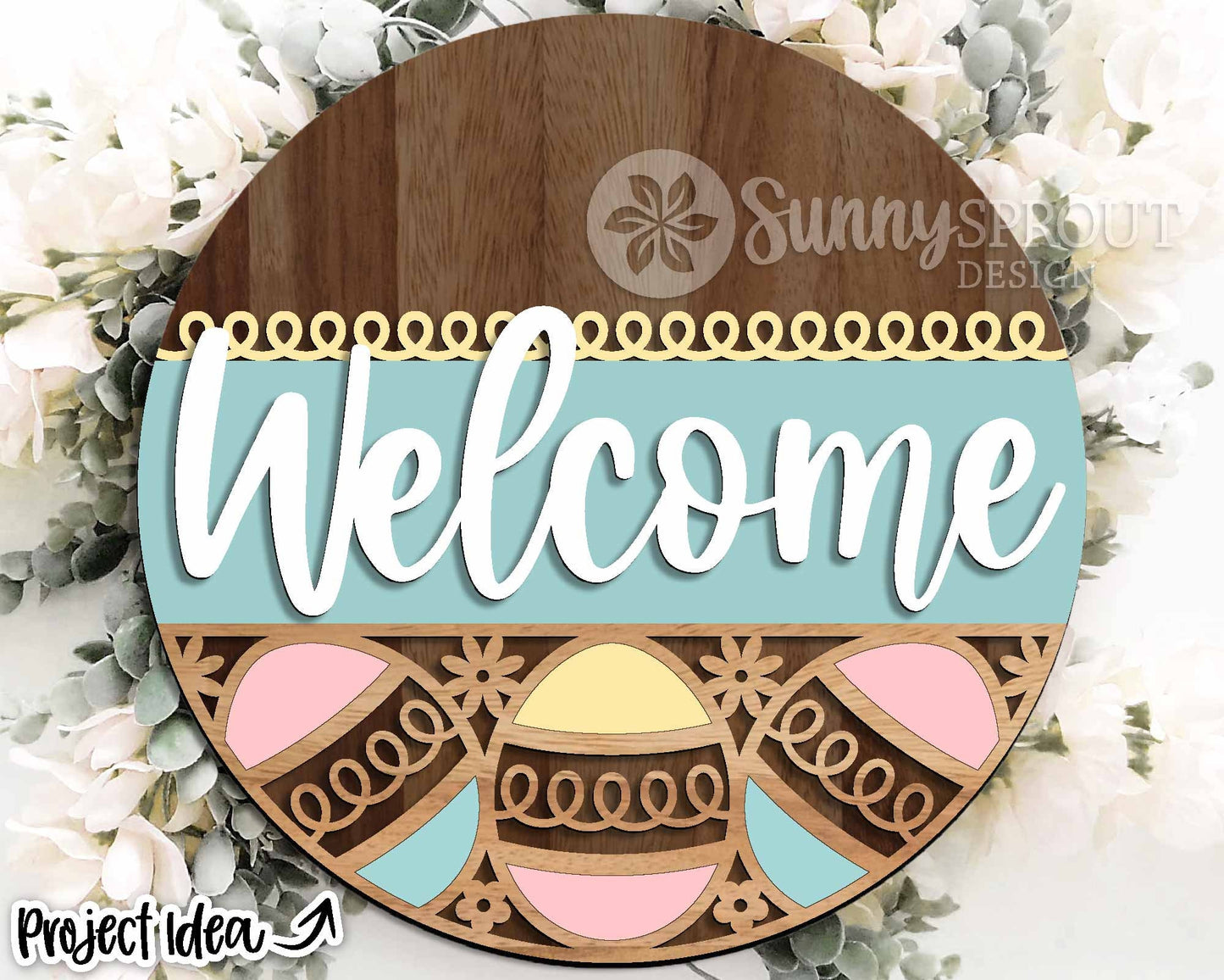Welcome Easter Egg Pattern Sign, Digital download, SVG laser cut file, Cricut, Round door hanger design