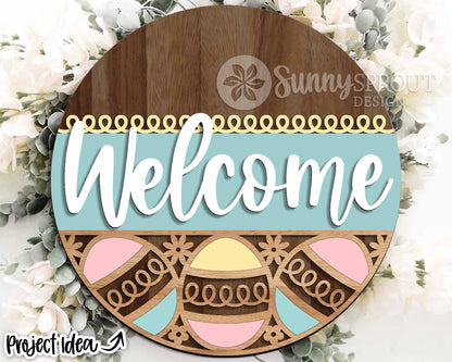 Welcome Easter Egg Pattern Sign, Digital download, SVG laser cut file, Cricut, Round door hanger design