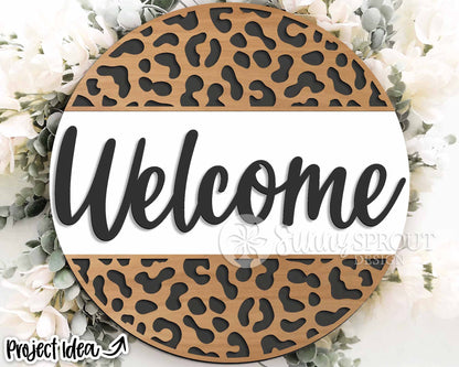 Welcome Cheetah Print Sign, Digital Download, SVG Laser Cut File, Cricut, Animal Round Door Hanger Design