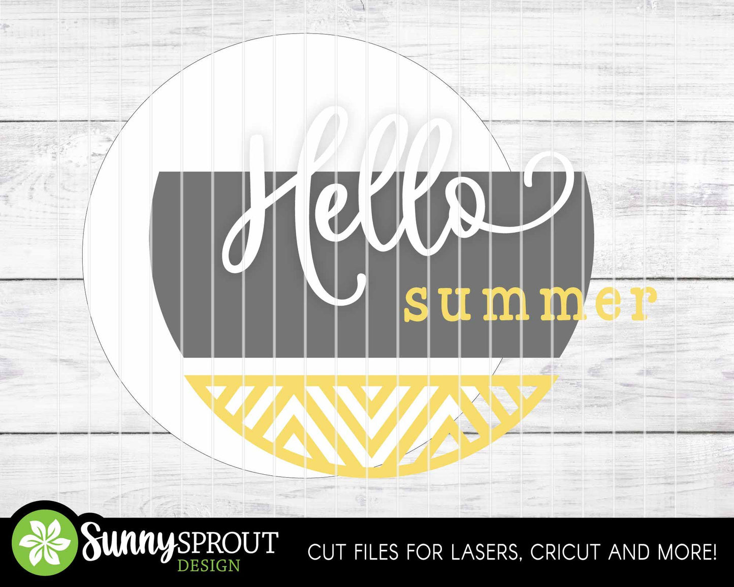 Hello Summer Geometric Sign, Digital Download, SVG Laser Cut File, Cricut, Modern Round Door Hanger Design