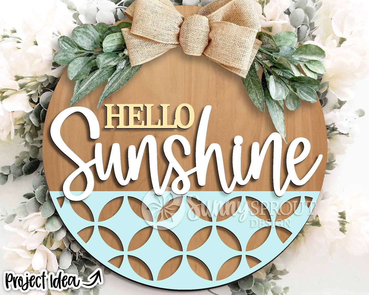 Hello Sunshine Circle Pattern Sign, Digital Download, SVG Laser Cut File, Summer Round Door Hanger Design