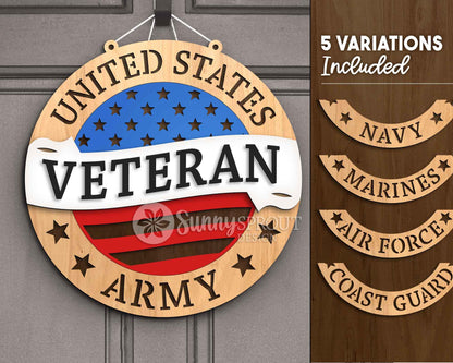 United States Military Veteran Sign, Digital Download, SVG Laser Cut File, Round Door Hanger Design, Patriotic 4th of July Decor