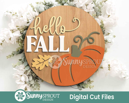Hello Fall Pumpkin and Leaf Sign, Digital Download, SVG Laser Cut File, Cricut, Round Fall Door Hanger Design