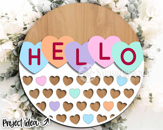 Hello Conversation Hearts Welcome Sign, Digital Download, SVG Laser Cut File, Cricut, Round Door Hanger Design, Valentine's Day Decor