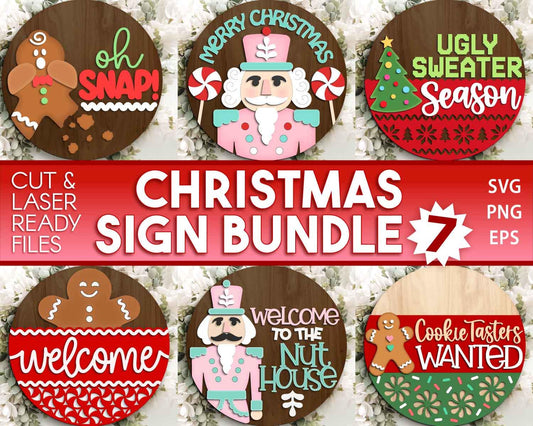 Christmas Laser Sign Bundle 7, Round door hanger, Glowforge laser cut file, Holiday welcome sign svg, Winter decor svg