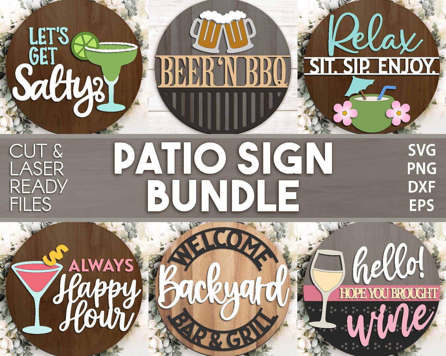 Summer Patio Laser Sign Bundle, Round door hanger svg, Glowforge laser file, Cricut cut file, Front door welcome sign