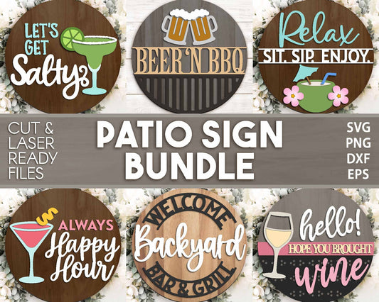Summer Patio Laser Sign Bundle, Round door hanger svg, Glowforge laser file, Cricut cut file, Front door welcome sign