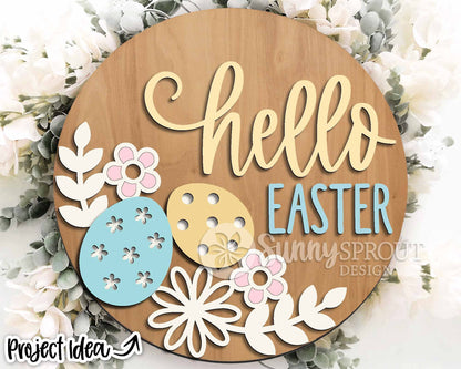 Hello Easter Floral Egg Sign, Digital download, SVG laser cut file, Cricut, Round door hanger design