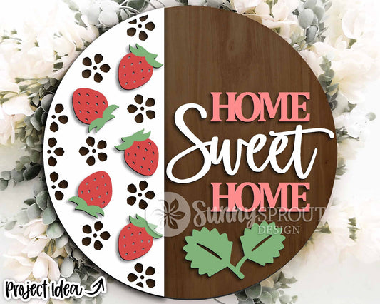 Home Sweet Strawberry Sign, Digital Download, SVG Laser Cut File, Cricut, Summer Round Door Hanger Design