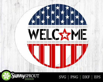 Welcome American Flag Sign, Digital Download, SVG Laser Cut File, Cricut, Round Door Hanger Design, Patriotic 4th of July Decor