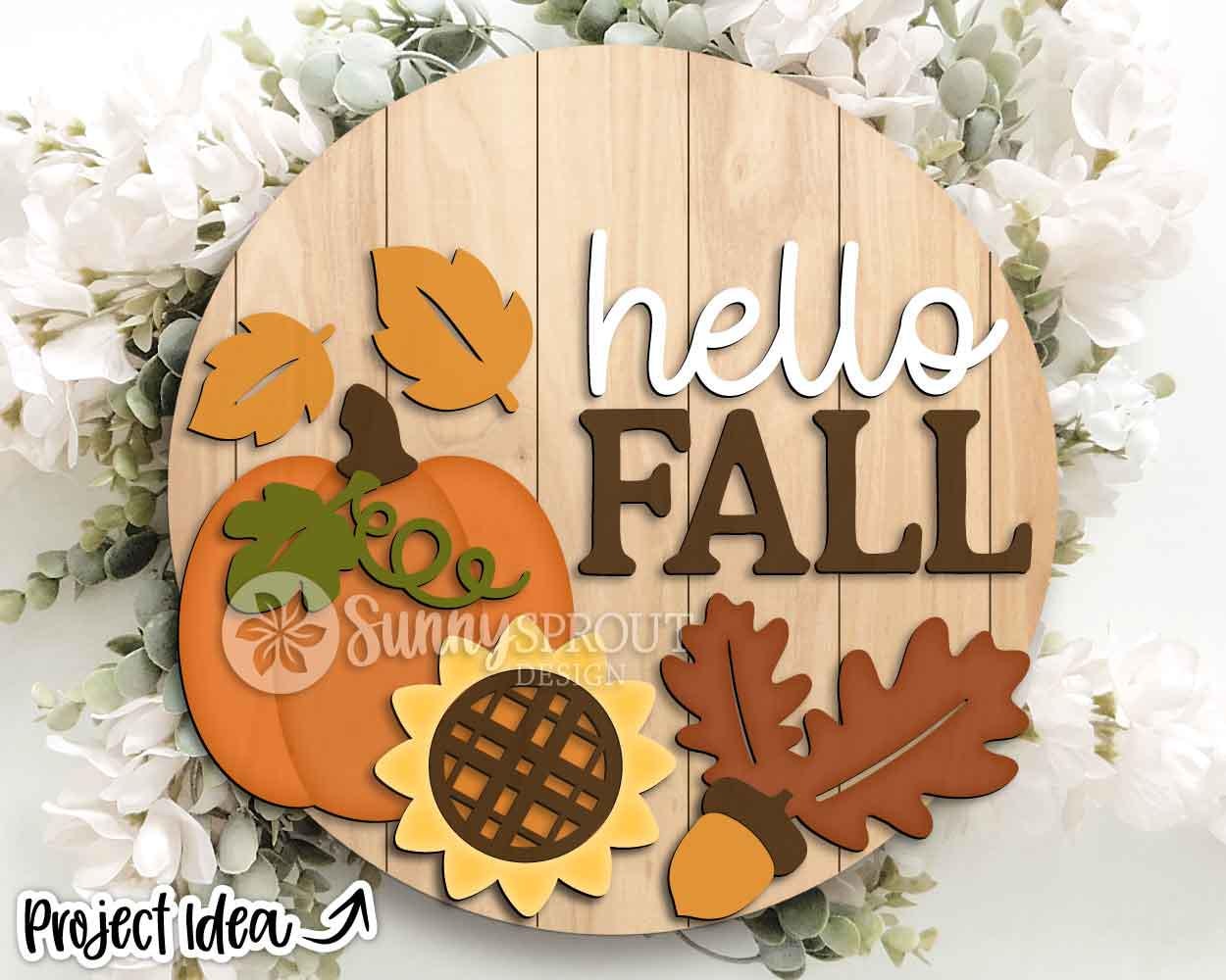 Hello Fall Pumpkin Sunflower Leaves Sign, Digital Download, SVG Laser Cut File, Cricut, Round Door Hanger Design
