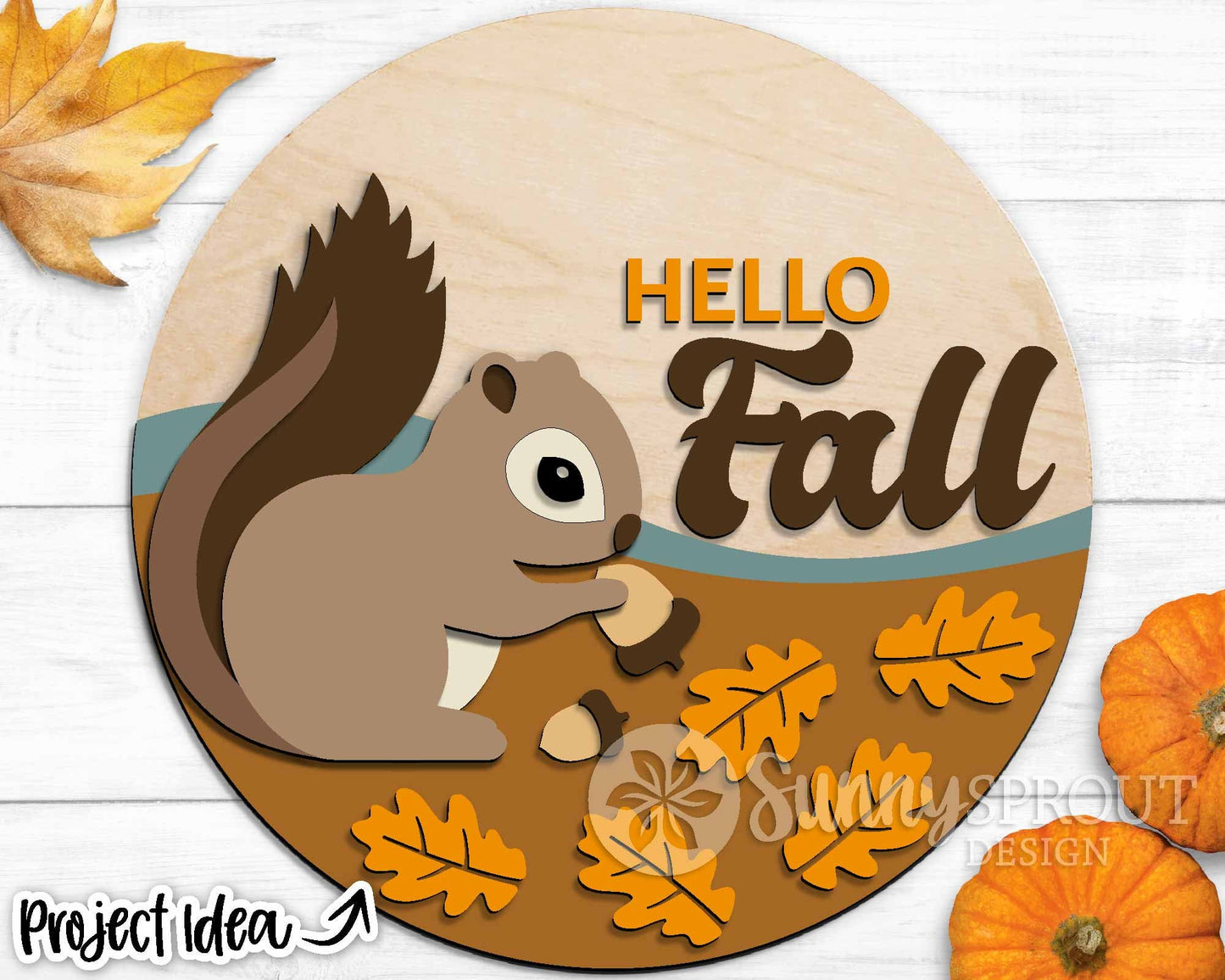 Hello Fall Squirrel Leaves Acorn Sign, Digital Download, SVG Laser Cut File, Cricut, Round Autumn Door Hanger Design