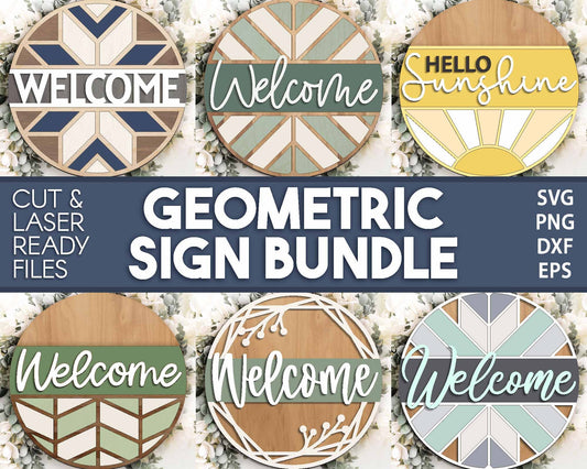 Geometric Laser Sign Bundle, Round door hanger svg, Glowforge laser file, Cricut cut file, Front door welcome sign svg
