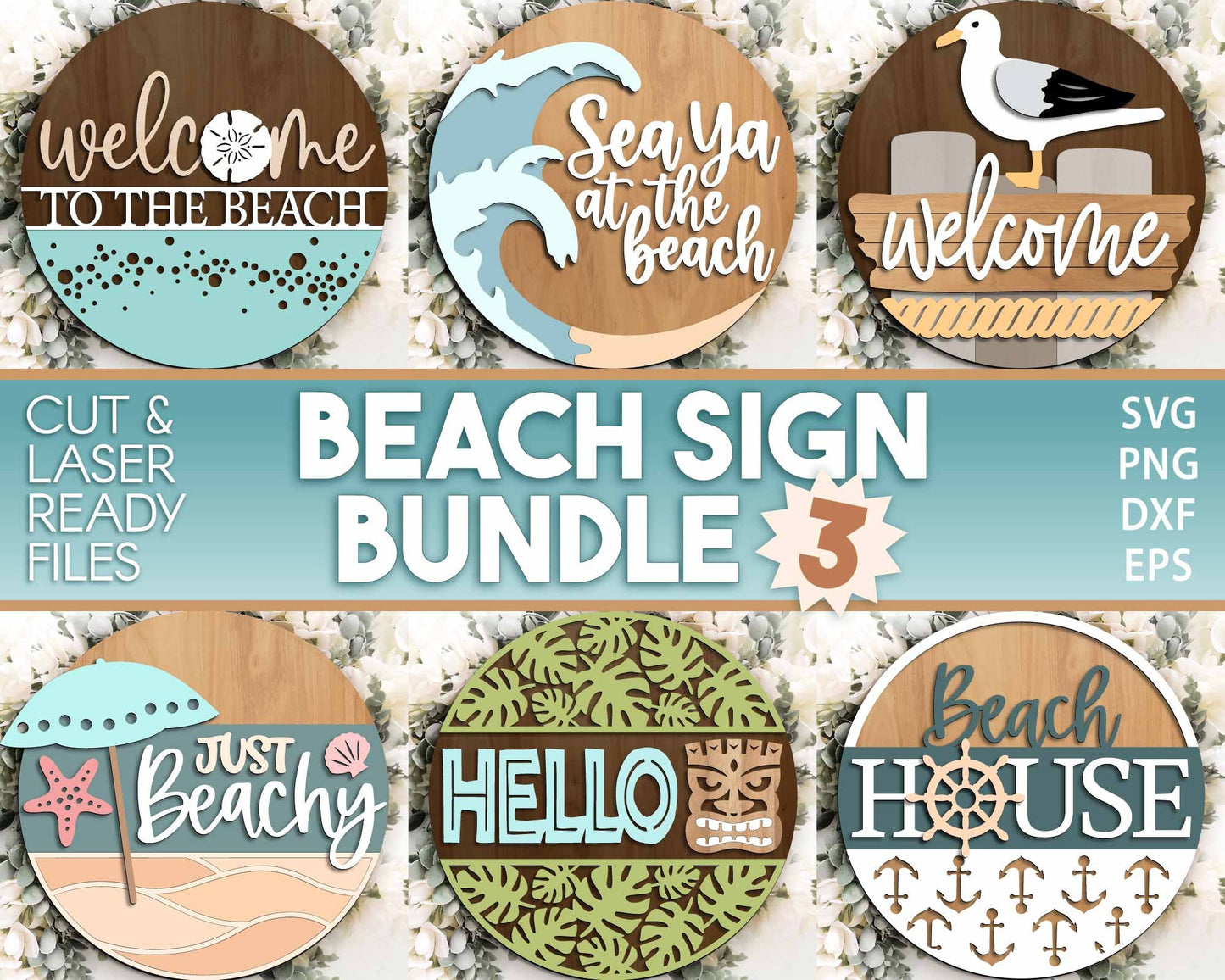 Beach Theme Sign Bundle 3, Round door hanger svg, Glowforge laser file, Cricut, Front door welcome sign, Ocean decor svg